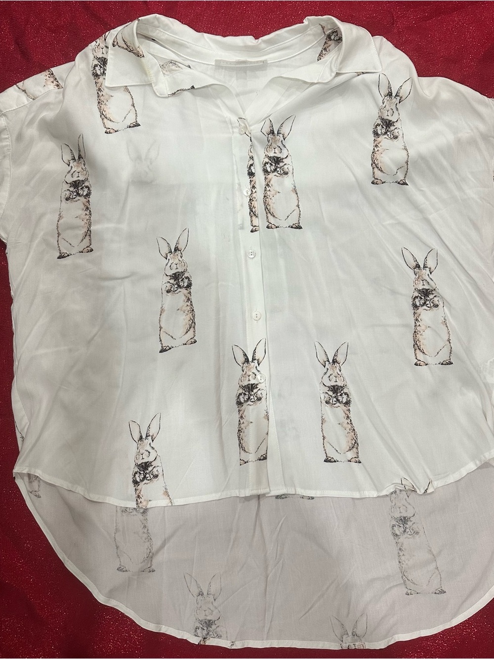 Woman’s White Bunny Print Button-Down Top
